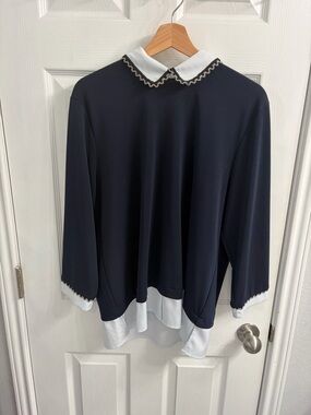 Karl Lagerfeld Navy Top with White Rounded Collar with Beaded Embellishment